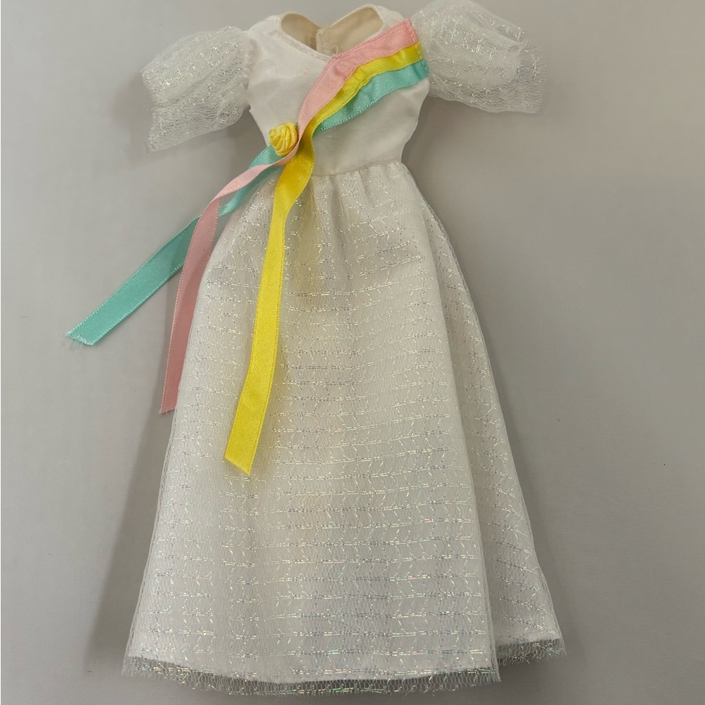 Vintage White Doll Dress with Pastel Ribbon Accents